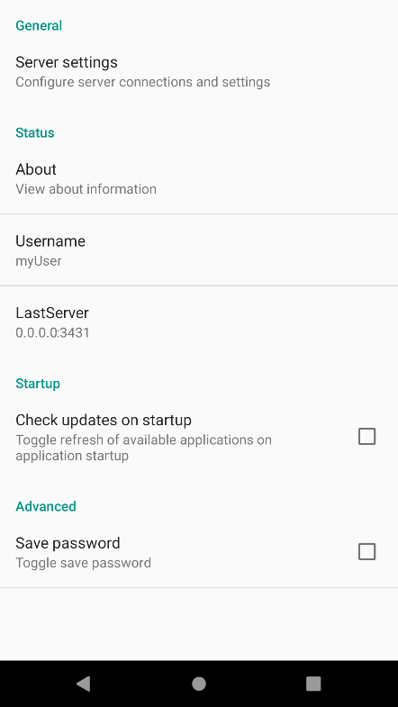 Picture showing the Settings screen in a Standalone App on an Android device.